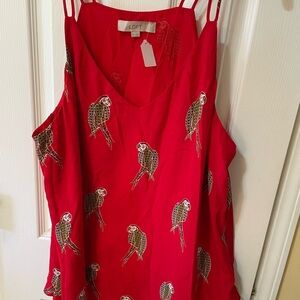 LOFT XXL Red Parrot Print Double Strap V-Neck Tropical Tank Top 🦜🌺